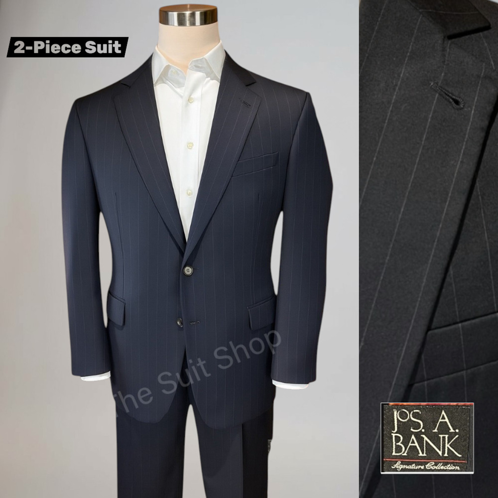 Jos A Bank Signature 44L 36x31 Midnight Navy Blue Bankers Stripe Suit